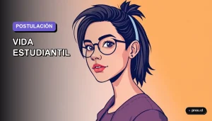 Ilustración plana y moderna de una estudiante universitaria sonriente, con un fondo de gradiente suave, representando la guía definitiva para postular a la vida estudiantil. Imagen optimizada para jóvenes chilenos.
