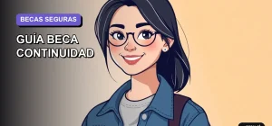 Ilustración plana y moderna de una estudiante universitaria sonriente, con un estilo fresco y juvenil, sobre un fondo de gradiente suave. Representa la confianza y el apoyo para postular a la Beca Continuidad.