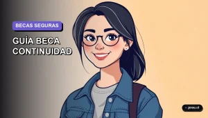 Ilustración plana y moderna de una estudiante universitaria sonriente, con un estilo fresco y juvenil, sobre un fondo de gradiente suave. Representa la confianza y el apoyo para postular a la Beca Continuidad.