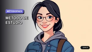 Ilustración plana de una estudiante universitaria joven y motivada, sonriendo con confianza. Ella representa el éxito en la PAES con un método de estudio organizado y efectivo. Fondo con gradiente suave de color lavanda.