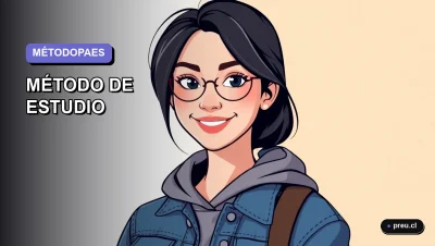 Ilustración plana de una estudiante universitaria joven y motivada, sonriendo con confianza. Ella representa el éxito en la PAES con un método de estudio organizado y efectivo. Fondo con gradiente suave de color lavanda.