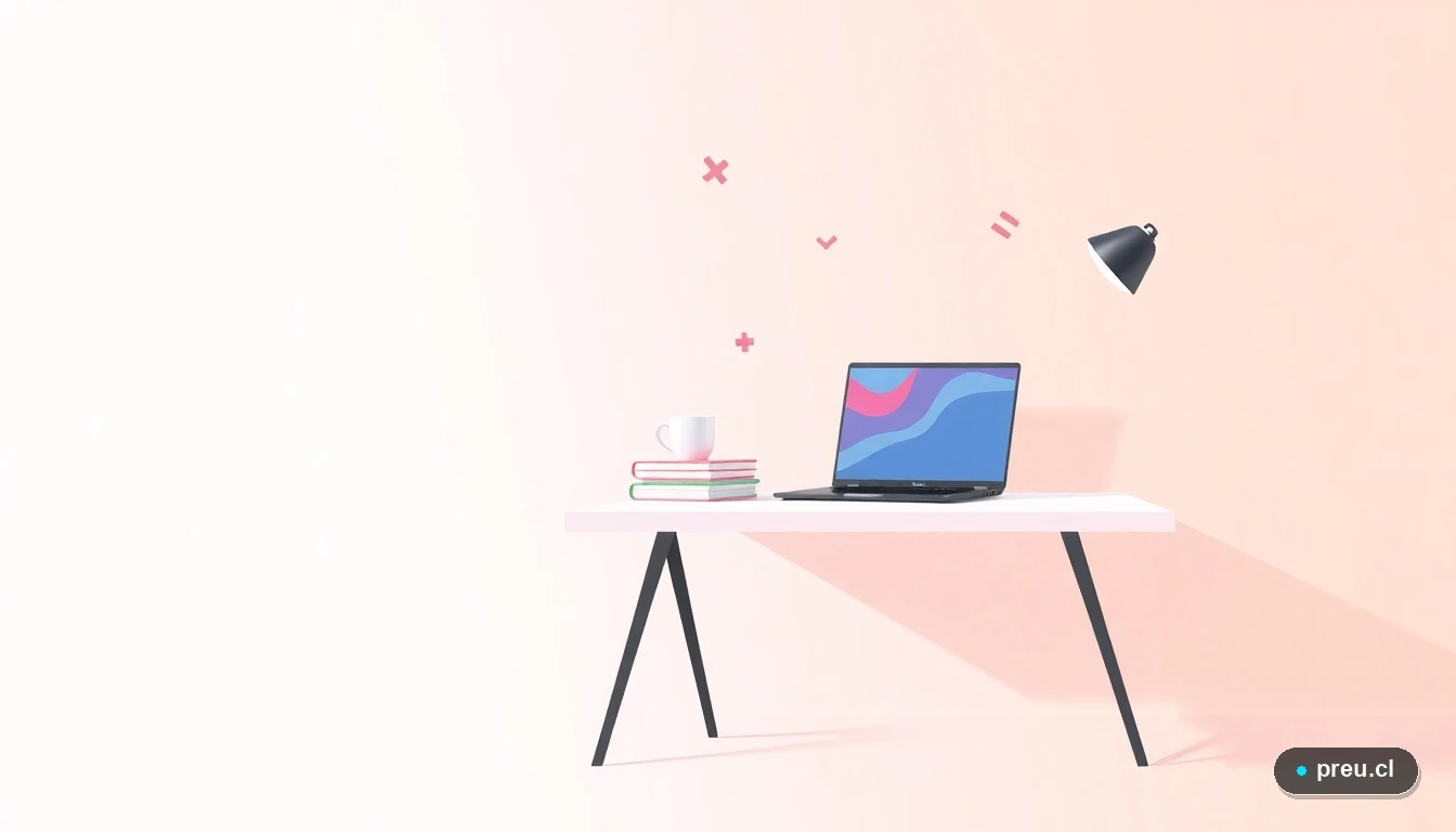 Escritorio de estudio moderno y organizado con laptop, cuadernos de colores y símbolos matemáticos flotantes. Visualiza un espacio de trabajo ideal para concentrarte y ser productivo en tus tareas.