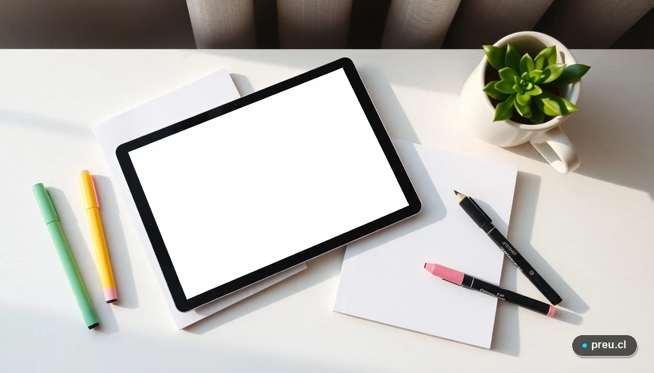 Escritorio minimalista organizado para el estudio, con tablet, cuadernos y útiles, listo para planificar la semana.