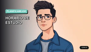 Joven estudiante universitario sonriendo con confianza junto a su planificador semanal colorido. Organiza tu semana de estudio de forma fácil y eficiente, diseñado para estudiantes como tú.