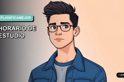 Joven estudiante universitario sonriendo con confianza junto a su planificador semanal colorido. Organiza tu semana de estudio de forma fácil y eficiente, diseñado para estudiantes como tú.