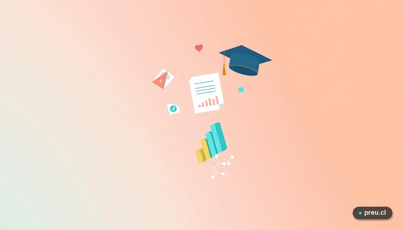 Conjunto de iconos académicos flotantes: un diploma, gráficos de progreso, papeles con nota A+ y modelos moleculares, representando el éxito en el estudio de las ciencias. Ilustración plana y motivadora.