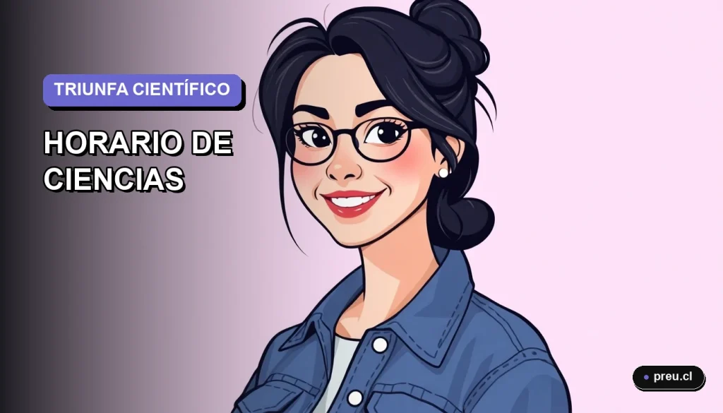 Joven estudiante universitaria sonriendo con confianza junto a una plantilla de horario colorida para organizar el estudio de Biología, Física y Química. Ilustración plana y moderna con fondo lila degradado.
