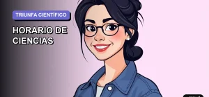 Joven estudiante universitaria sonriendo con confianza junto a una plantilla de horario colorida para organizar el estudio de Biología, Física y Química. Ilustración plana y moderna con fondo lila degradado.