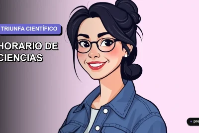 Joven estudiante universitaria sonriendo con confianza junto a una plantilla de horario colorida para organizar el estudio de Biología, Física y Química. Ilustración plana y moderna con fondo lila degradado.