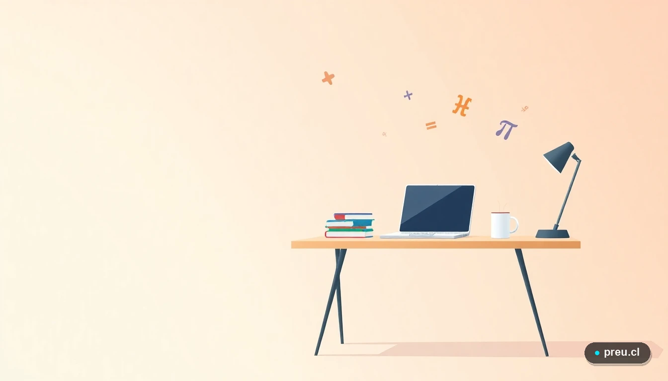 Escritorio de estudio minimalista con laptop, cuadernos de colores y símbolos matemáticos flotantes. Representación abstracta y motivadora de una sesión de estudio organizada y productiva.