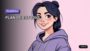 Ilustración plana y moderna de una estudiante universitaria sonriente, junto a una plantilla lista para usar. Fondo con gradiente suave, estilo fresco y motivador para organizar tu mes de estudio.