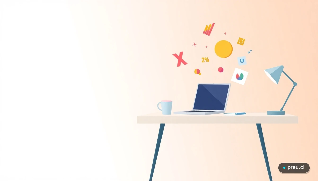 Escritorio de estudio minimalista con laptop, cuaderno y símbolos matemáticos flotantes, representando el proceso de cálculo académico. Fondo con gradiente fresco, ideal para guías educativas paso a paso.