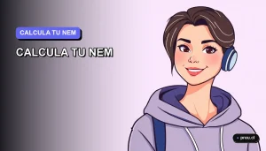 Ilustración plana y moderna de una joven universitaria sonriente, junto a una plantilla digital para calcular el NEM y Ranking de Notas. Fondo con gradiente suave, diseño minimalista y educativo para estudiantes chilenos.