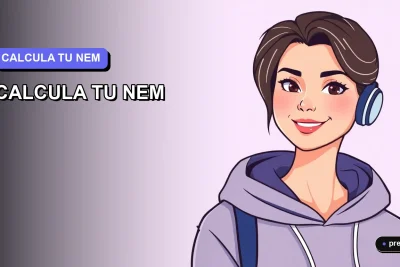 Ilustración plana y moderna de una joven universitaria sonriente, junto a una plantilla digital para calcular el NEM y Ranking de Notas. Fondo con gradiente suave, diseño minimalista y educativo para estudiantes chilenos.