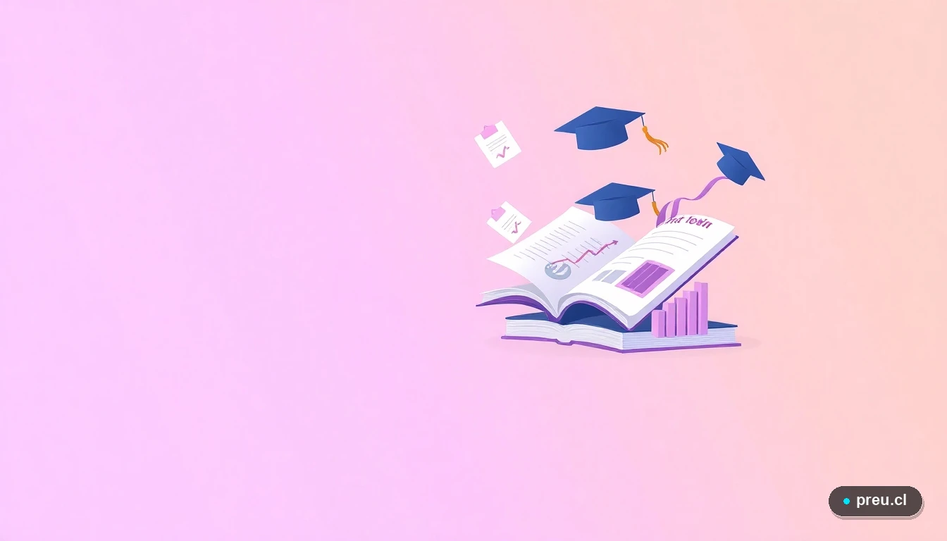 Composición abstracta de iconos planos: libros abiertos, hojas de examen con nota máxima y gráficos de progreso, representando el éxito académico en la Competencia Lectora PAES. Diseño minimalista y motivador para estudiantes.
