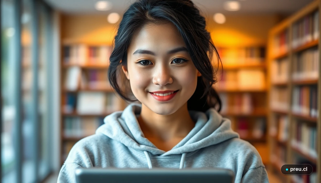 Estudiante sonriendo con confianza en una biblioteca universitaria, preparada para dominar el temario de competencia lectora.