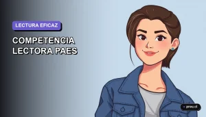 Ilustración plana y moderna de una estudiante universitaria sonriente, representando confianza para dominar la Competencia Lectora de la PAES. Guía paso a paso con estilo fresco y motivador para jóvenes.