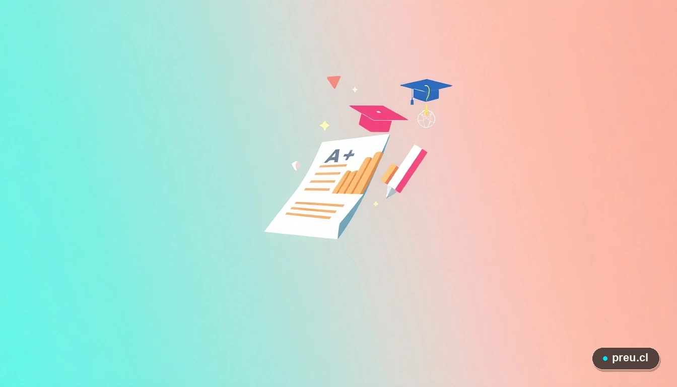 Ilustración vectorial de elementos académicos flotantes como un certificado con A+, un gráfico de progreso y un gorro de graduación, sobre un fondo con gradiente moderno en azul verdoso. Representa el logro y la organización para dominar la PAES.