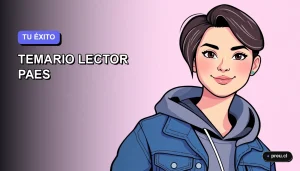 Ilustración plana y moderna de una estudiante universitaria sonriente, con un estilo fresco y motivador, representando la confianza para dominar el Temario Lector de la PAES. Fondo con gradiente suave en tonos lavanda.