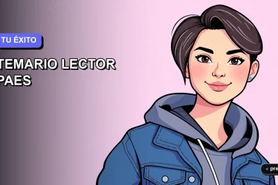 Ilustración plana y moderna de una estudiante universitaria sonriente, con un estilo fresco y motivador, representando la confianza para dominar el Temario Lector de la PAES. Fondo con gradiente suave en tonos lavanda.