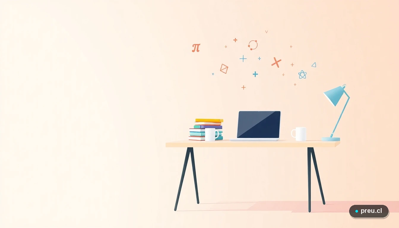 Escritorio de estudio moderno y minimalista con laptop, cuadernos de colores y símbolos académicos flotantes, sobre un fondo degradado fresco. Representa el espacio de aprendizaje y reflexión necesario para elegir tu universidad ideal en Chile.