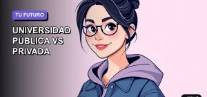 Ilustración plana y moderna de una joven universitaria sonriente, con estilo de pelo fresco y ropa casual, sobre un fondo degradado suave. La imagen representa la decisión informada entre educación pública y privada en Chile, con un diseño asimétrico y minimalista.