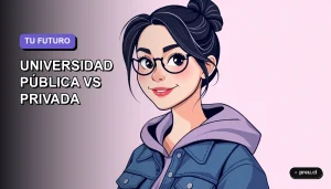 Ilustración plana y moderna de una joven universitaria sonriente, con estilo de pelo fresco y ropa casual, sobre un fondo degradado suave. La imagen representa la decisión informada entre educación pública y privada en Chile, con un diseño asimétrico y minimalista.