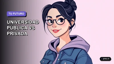 Ilustración plana y moderna de una joven universitaria sonriente, con estilo de pelo fresco y ropa casual, sobre un fondo degradado suave. La imagen representa la decisión informada entre educación pública y privada en Chile, con un diseño asimétrico y minimalista.