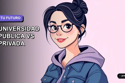 Ilustración plana y moderna de una joven universitaria sonriente, con estilo de pelo fresco y ropa casual, sobre un fondo degradado suave. La imagen representa la decisión informada entre educación pública y privada en Chile, con un diseño asimétrico y minimalista.