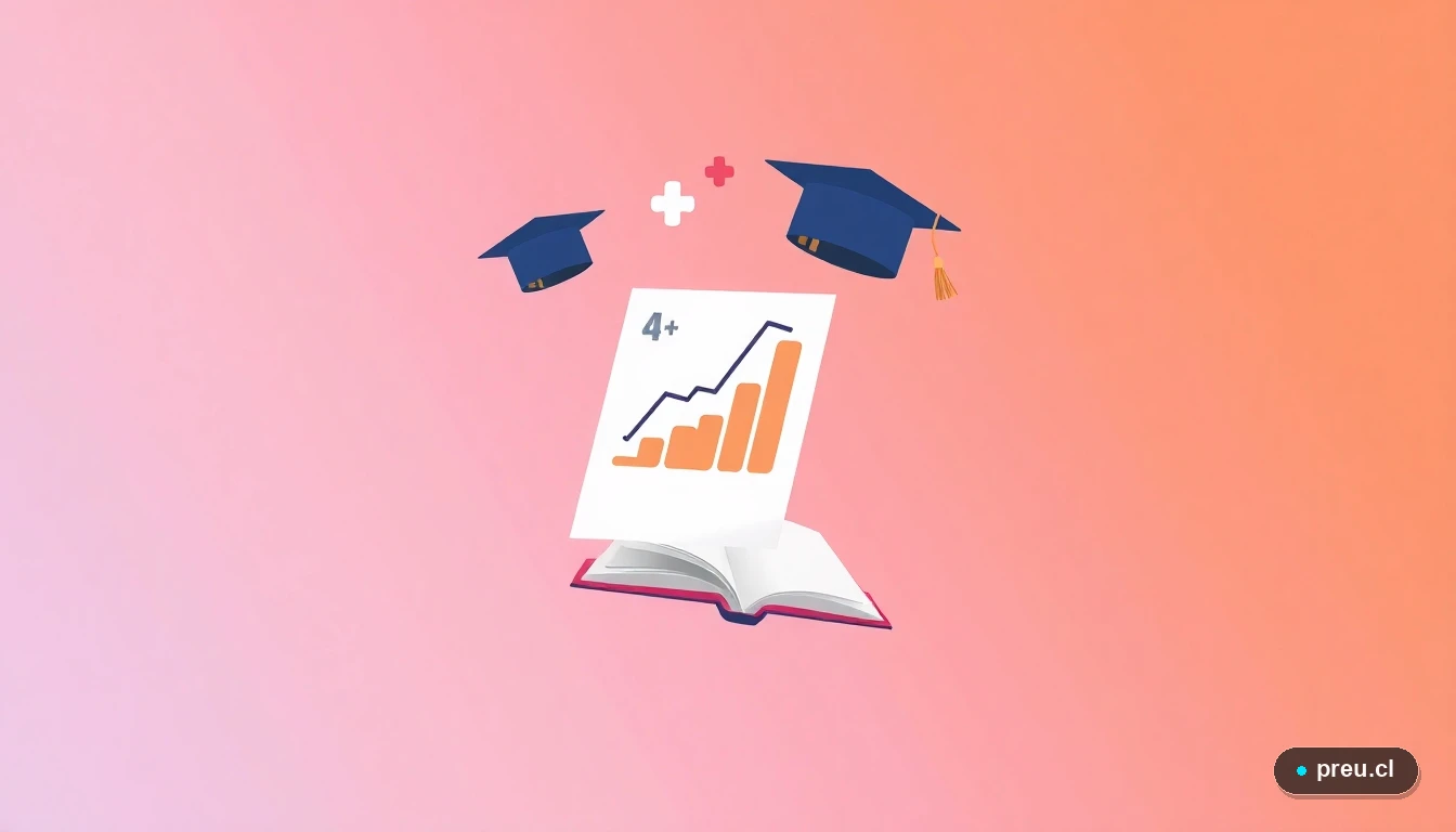 Elementos gráficos abstractos que simbolizan el éxito académico: un papel de examen con nota máxima, un gorro de graduación y un gráfico de progreso, sobre un fondo de gradiente en tonos durazno. Representación visual del crecimiento y los logros que conlleva una beca.