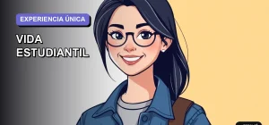 Ilustración plana y moderna de una estudiante universitaria sonriente, con un estilo fresco y juvenil, representando la experiencia integral de una beca. Fondo con gradiente suave en tonos lavanda y lila, con el sujeto alineado a la derecha.