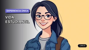 Ilustración plana y moderna de una estudiante universitaria sonriente, con un estilo fresco y juvenil, representando la experiencia integral de una beca. Fondo con gradiente suave en tonos lavanda y lila, con el sujeto alineado a la derecha.