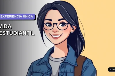 Ilustración plana y moderna de una estudiante universitaria sonriente, con un estilo fresco y juvenil, representando la experiencia integral de una beca. Fondo con gradiente suave en tonos lavanda y lila, con el sujeto alineado a la derecha.