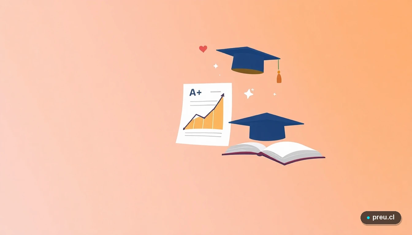 Composición abstracta de elementos universitarios: un papel de examen con nota máxima, un capelo de graduación y un gráfico de progreso, representando los logros y el camino académico posible gracias a la gratuidad. Ilustración plana y colorida, estilo juvenil moderno.