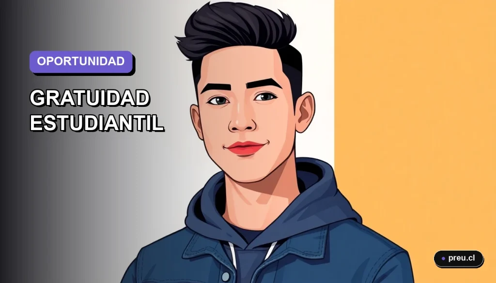 Ilustración plana y moderna de un estudiante universitario sonriendo, representando la oportunidad que brinda la gratuidad en la educación superior. Fondo con gradiente suave, estilo juvenil y motivador.