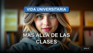 Joven estudiante universitaria sonriendo con confianza en un moderno campus, representando la vibrante vida estudiantil que complementa la formación académica. Inspiración para futuros universitarios.