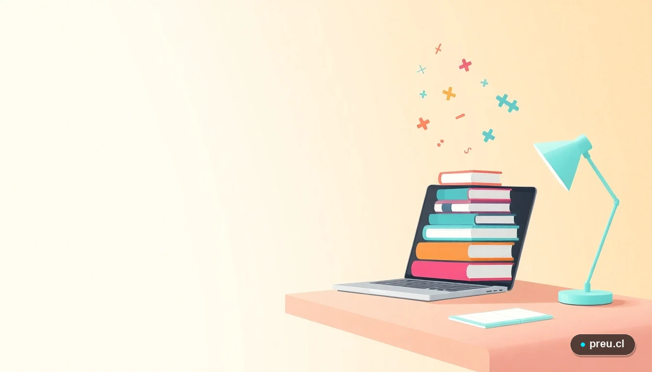 Escritorio de estudio moderno con laptop, cuadernos y símbolos matemáticos flotantes, representando el aprendizaje universitario. Ilustración plana y colorida para inspirar a estudiantes.