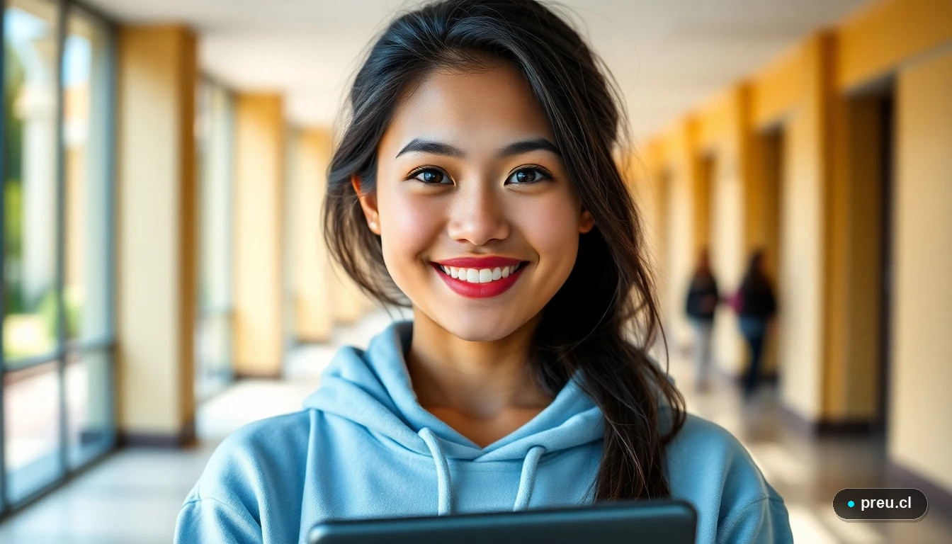 Joven estudiante universitaria sonriendo con confianza en un pasillo moderno de campus, representando la vida estudiantil positiva.