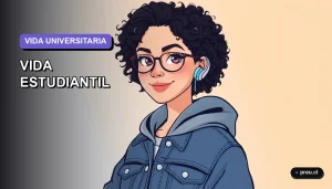 Ilustración plana y moderna de una estudiante universitaria sonriente, representando la vida estudiantil más allá de las aulas. Estilo fresco y motivador para jóvenes.