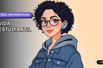 Ilustración plana y moderna de una estudiante universitaria sonriente, representando la vida estudiantil más allá de las aulas. Estilo fresco y motivador para jóvenes.