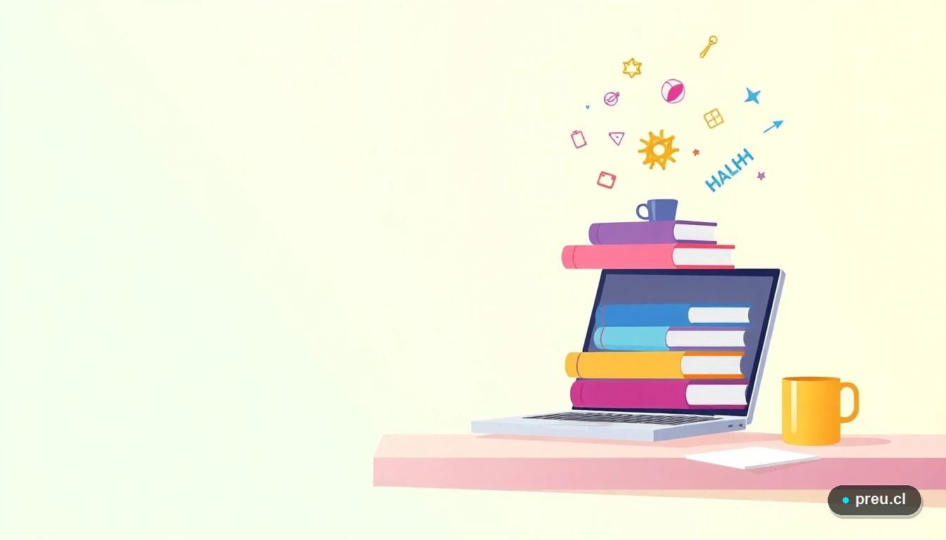 Ilustración vectorial plana de un escritorio de estudio moderno y ordenado, con laptop, cuadernos y una taza de café, junto a símbolos matemáticos flotantes. Representa el ambiente de aprendizaje práctico y enfocado de un CFT, con un fondo amplio y despejado que sugiere espacio para crecer.