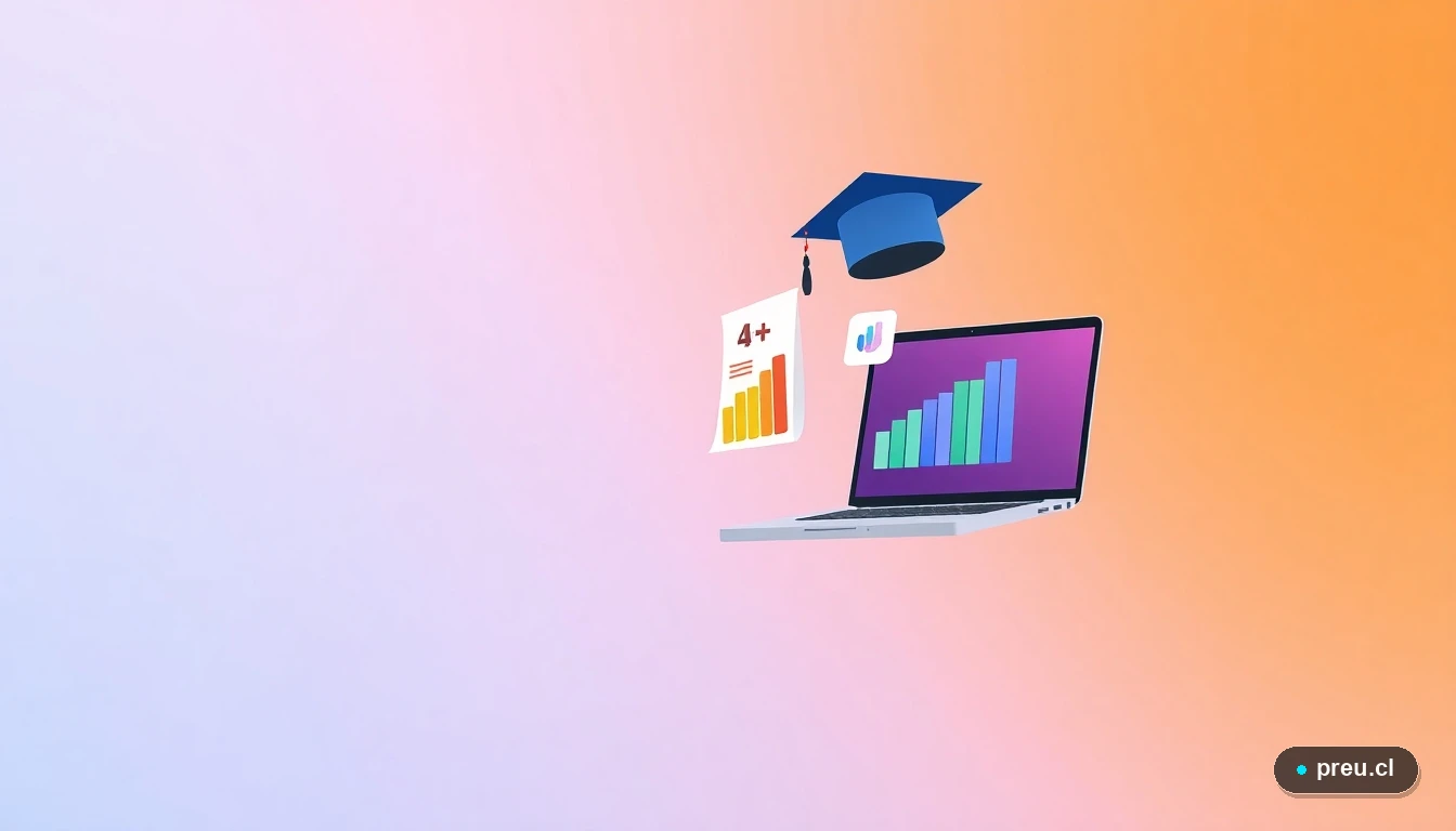 Elementos gráficos abstractos de éxito académico: un portátil, un símbolo de nota máxima A+, un birrete y una gráfica de progreso, en estilo ilustración plana y colorida sobre fondo lila. Representa logros, organización y metas estudiantiles alcanzadas.