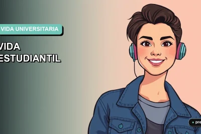 Ilustración plana y moderna de una estudiante universitaria sonriente, con estilo fresco y contemporáneo, sobre un fondo de gradiente suave. Representa la motivación y energía positiva para vivir la etapa universitaria al máximo.